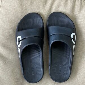 OOFOS Black Slide Sandals with White Accents